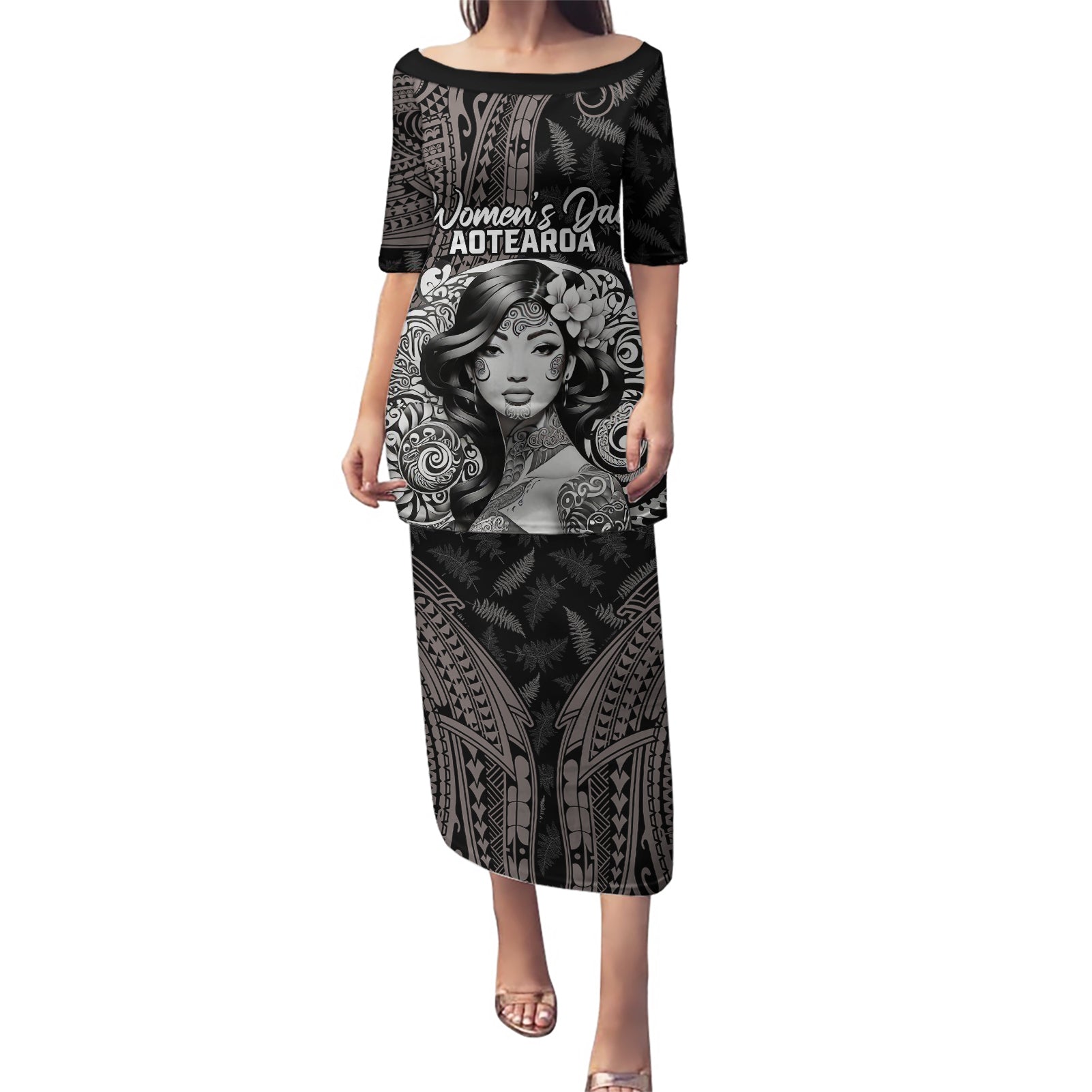 Custom New Zealand Women's Day Puletasi Maori Tribal Girl and Silver Fern Pattern LT03 Long Dress Black - Polynesian Pride