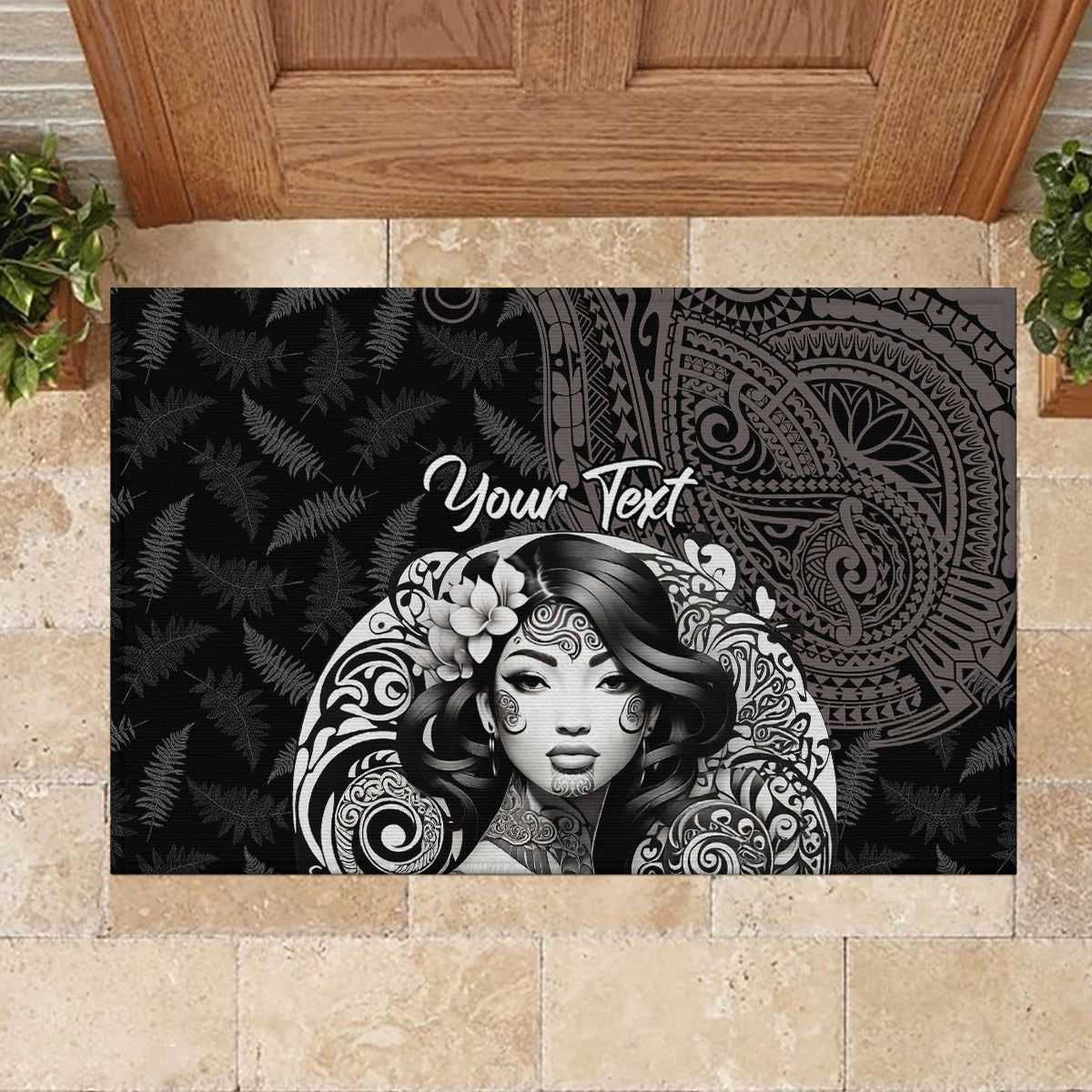 Custom New Zealand Women's Day Rubber Doormat Maori Tribal Girl and Silver Fern Pattern