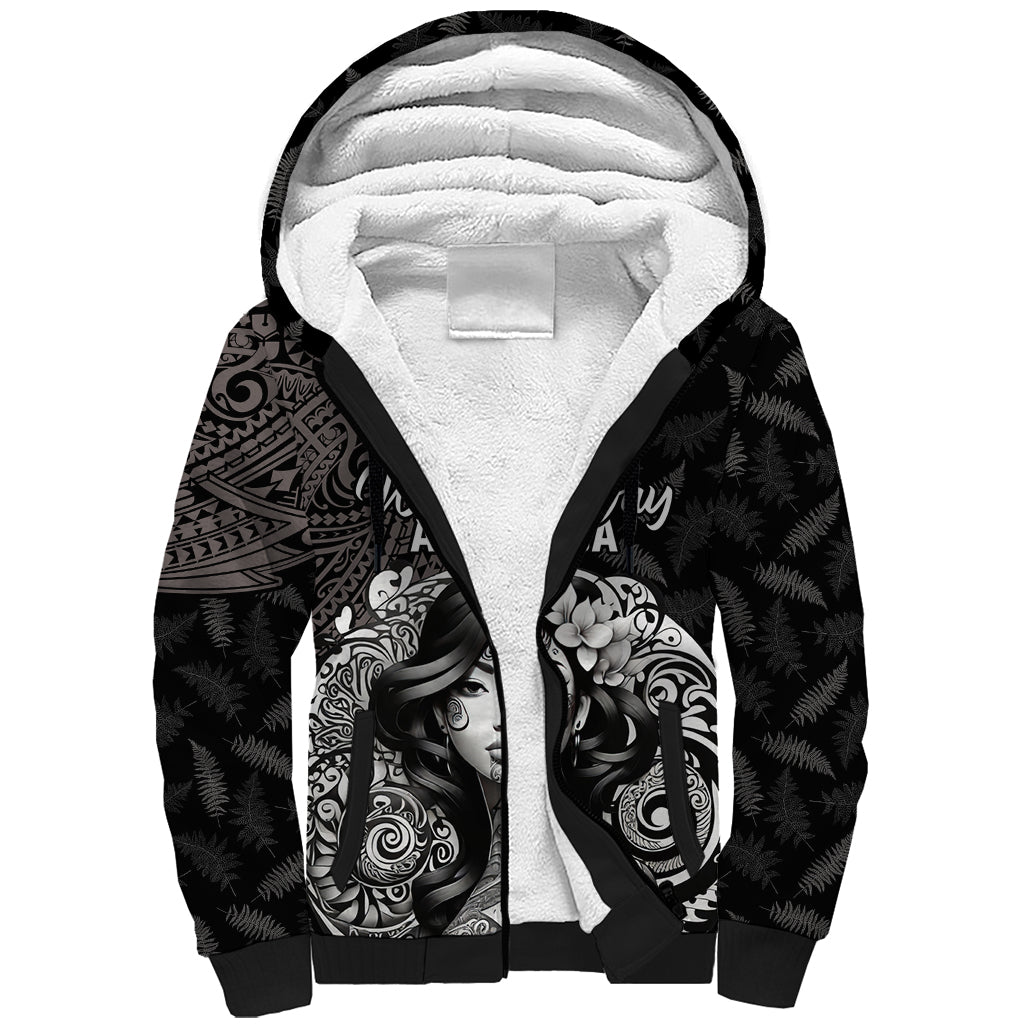 Custom New Zealand Women's Day Sherpa Hoodie Maori Tribal Girl and Silver Fern Pattern LT03 Unisex Black - Polynesian Pride