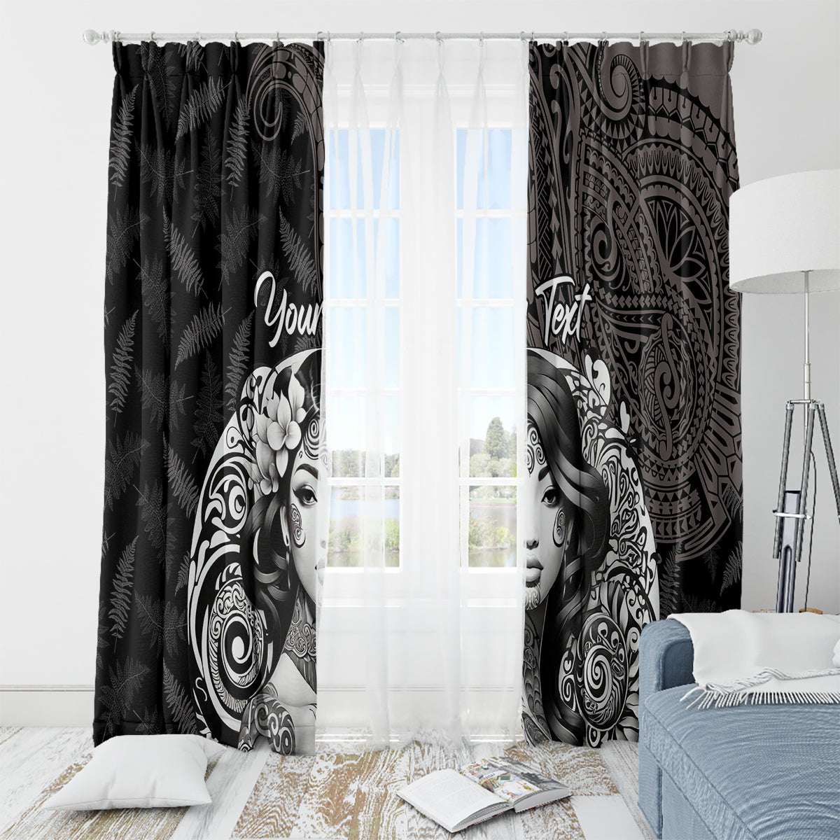 Custom New Zealand Women's Day Window Curtain Maori Tribal Girl and Silver Fern Pattern LT03 - Polynesian Pride