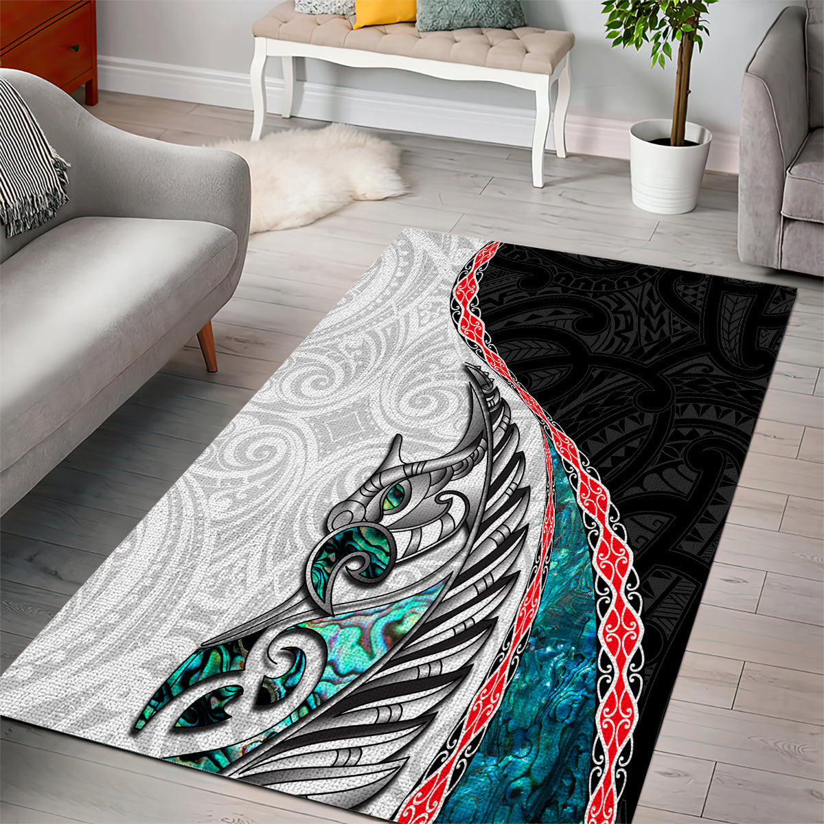 New Zealand Area Rug Manaia Fern and Koru Maori Pattern