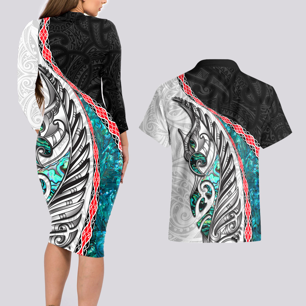 New Zealand Couples Matching Long Sleeve Bodycon Dress and Hawaiian Shirt Manaia Fern and Koru Maori Pattern LT03 - Polynesian Pride
