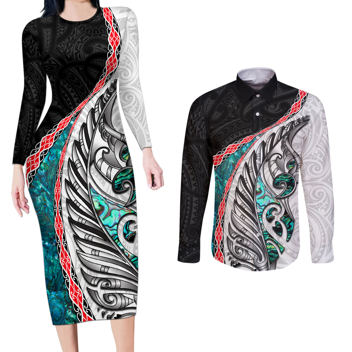 New Zealand Couples Matching Long Sleeve Bodycon Dress and Long Sleeve Button Shirt Manaia Fern and Koru Maori Pattern LT03 Black - Polynesian Pride