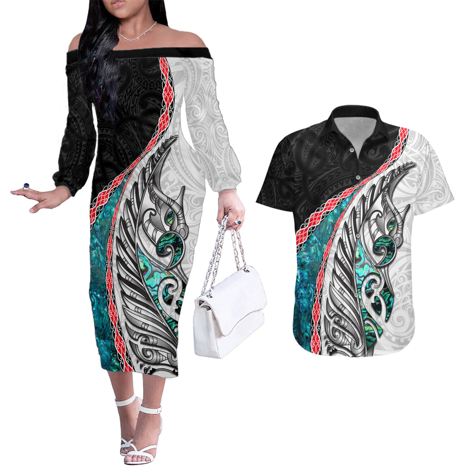 New Zealand Couples Matching Off The Shoulder Long Sleeve Dress and Hawaiian Shirt Manaia Fern and Koru Maori Pattern LT03 Black - Polynesian Pride