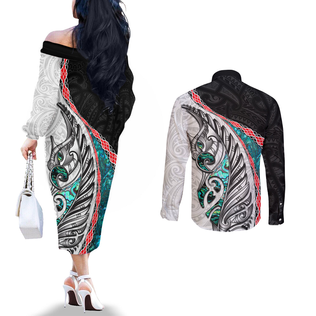 New Zealand Couples Matching Off The Shoulder Long Sleeve Dress and Long Sleeve Button Shirt Manaia Fern and Koru Maori Pattern LT03 - Polynesian Pride