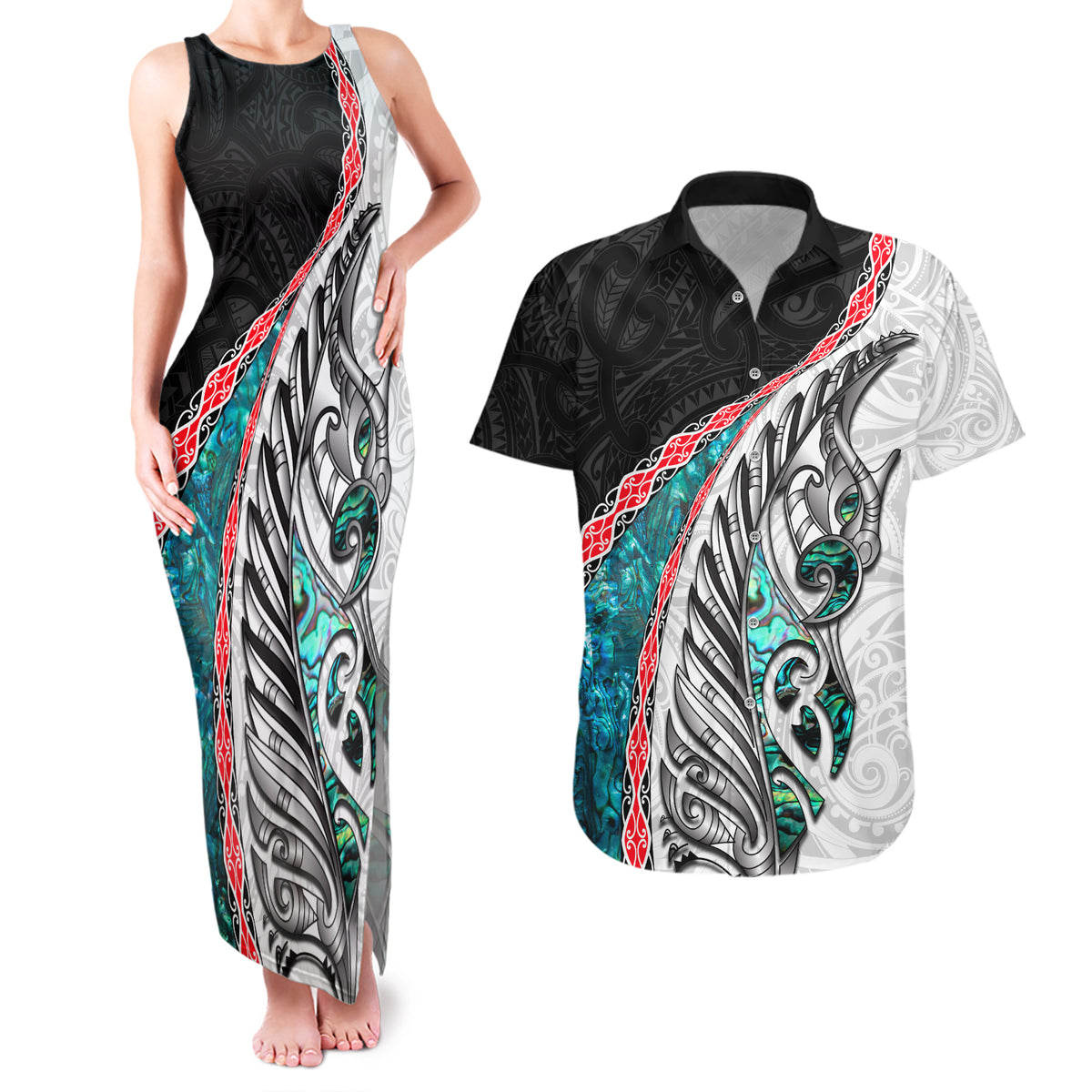 New Zealand Couples Matching Tank Maxi Dress and Hawaiian Shirt Manaia Fern and Koru Maori Pattern LT03 Black - Polynesian Pride