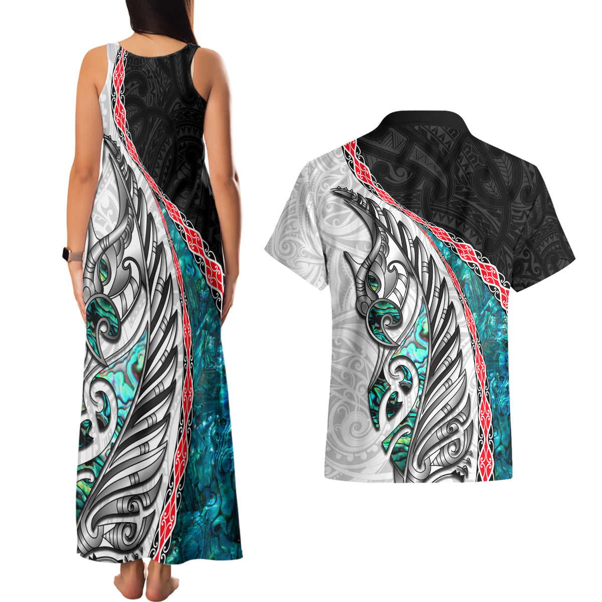 New Zealand Couples Matching Tank Maxi Dress and Hawaiian Shirt Manaia Fern and Koru Maori Pattern LT03 - Polynesian Pride