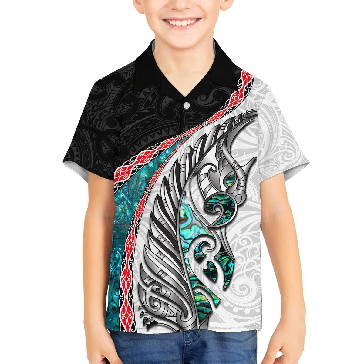 New Zealand Family Matching Off Shoulder Long Sleeve Dress and Hawaiian Shirt Manaia Fern and Koru Maori Pattern LT03 Son's Shirt Black - Polynesian Pride