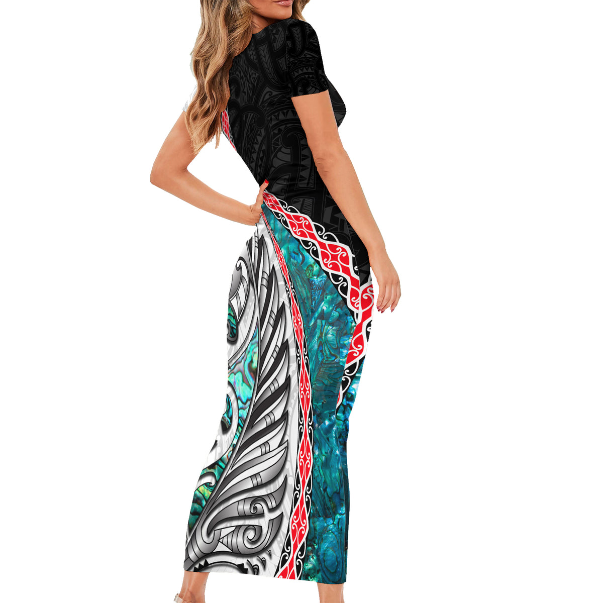New Zealand Short Sleeve Bodycon Dress Manaia Fern and Koru Maori Pattern LT03 - Polynesian Pride