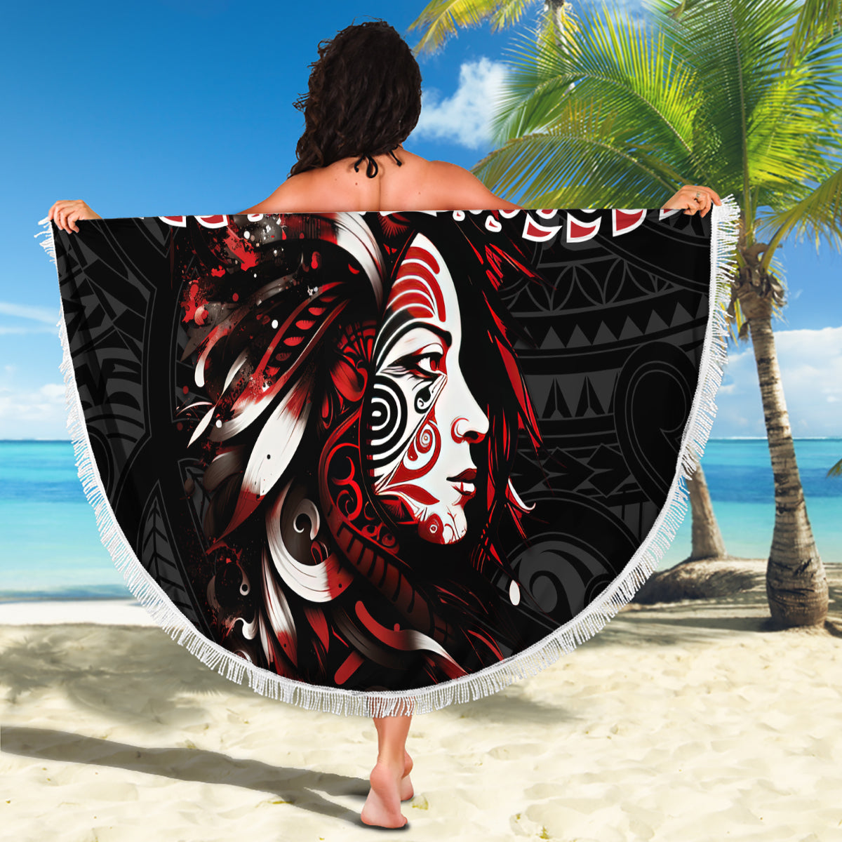 New Zealand Maori Girl Beach Blanket Silver Fern and Koru Pattern