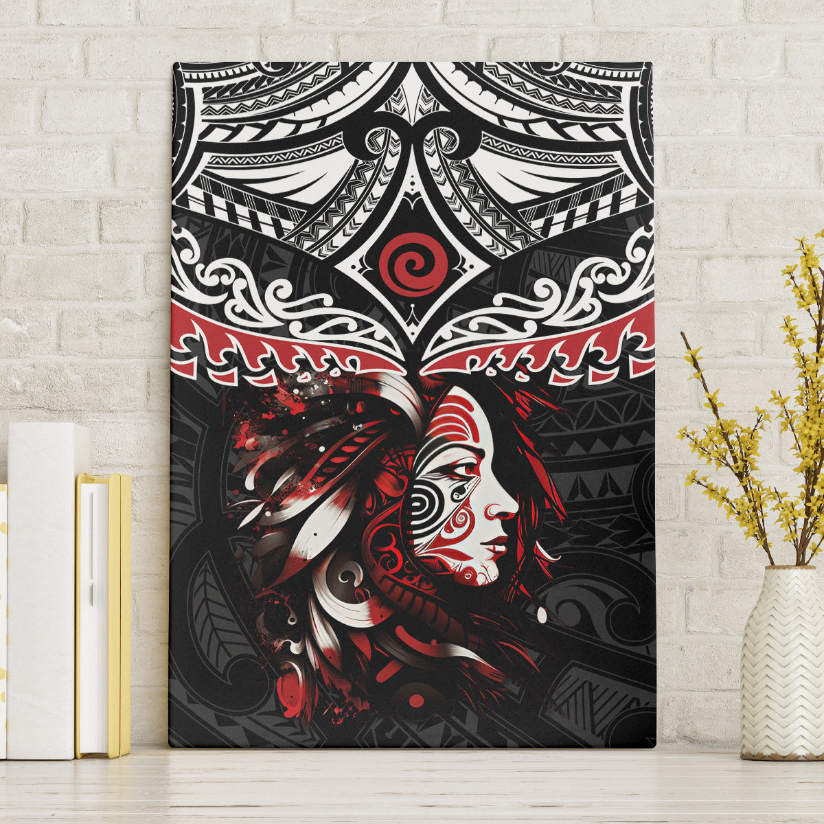 New Zealand Maori Girl Canvas Wall Art Silver Fern and Koru Pattern