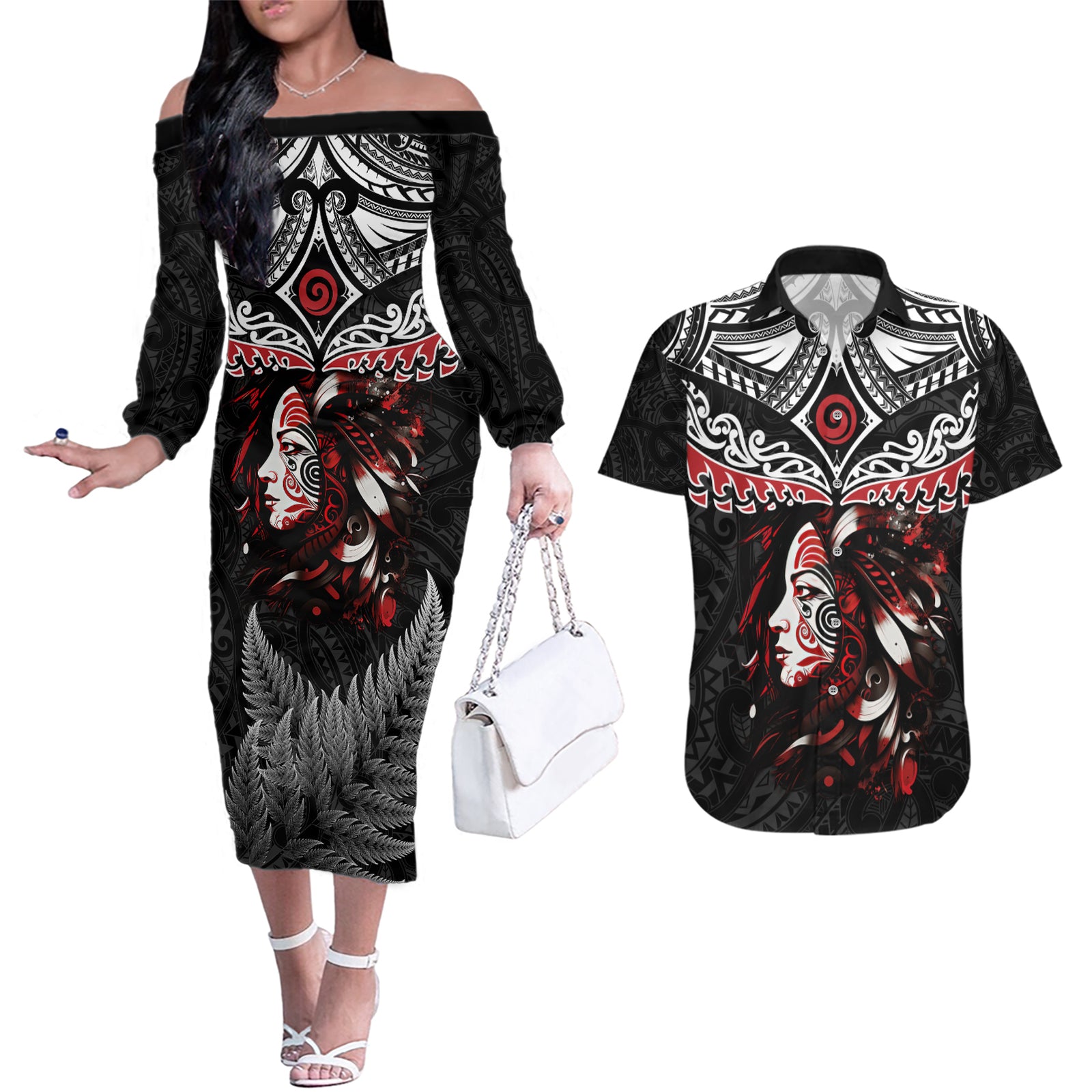 New Zealand Maori Girl Couples Matching Off The Shoulder Long Sleeve Dress and Hawaiian Shirt Silver Fern and Koru Pattern LT03 Black - Polynesian Pride