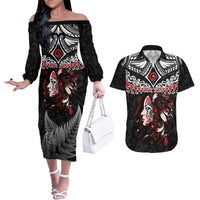 New Zealand Maori Girl Couples Matching Off The Shoulder Long Sleeve Dress and Hawaiian Shirt Silver Fern and Koru Pattern LT03 Black - Polynesian Pride
