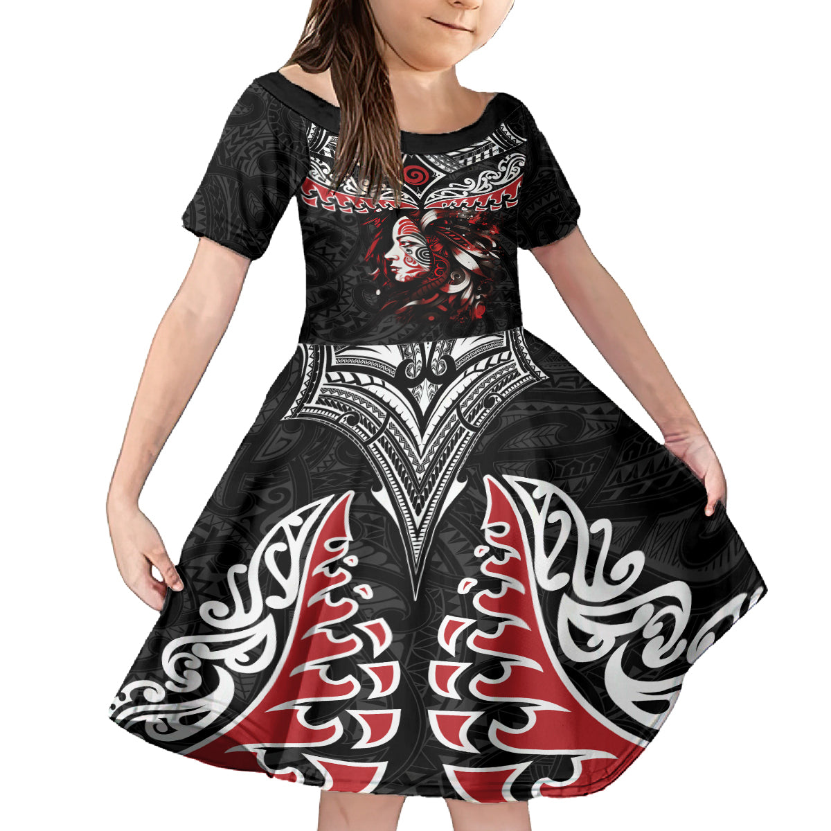 New Zealand Maori Girl Family Matching Off Shoulder Long Sleeve Dress and Hawaiian Shirt Silver Fern and Koru Pattern LT03 Daughter's Dress Black - Polynesian Pride