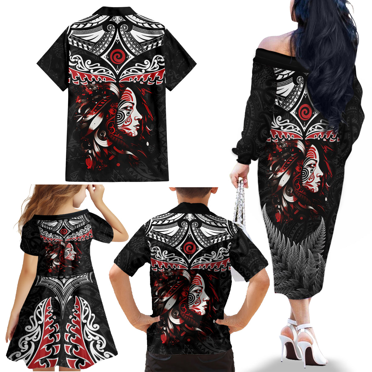 New Zealand Maori Girl Family Matching Off Shoulder Long Sleeve Dress and Hawaiian Shirt Silver Fern and Koru Pattern LT03 - Polynesian Pride