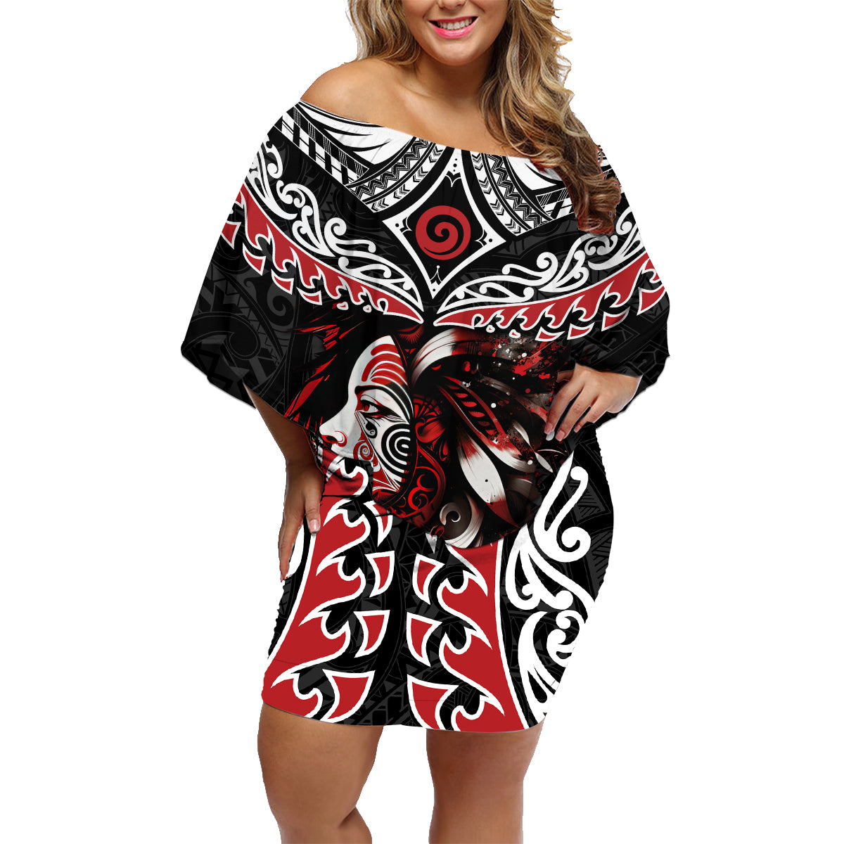 New Zealand Maori Girl Family Matching Off Shoulder Short Dress and Hawaiian Shirt Silver Fern and Koru Pattern LT03 Mom's Dress Black - Polynesian Pride
