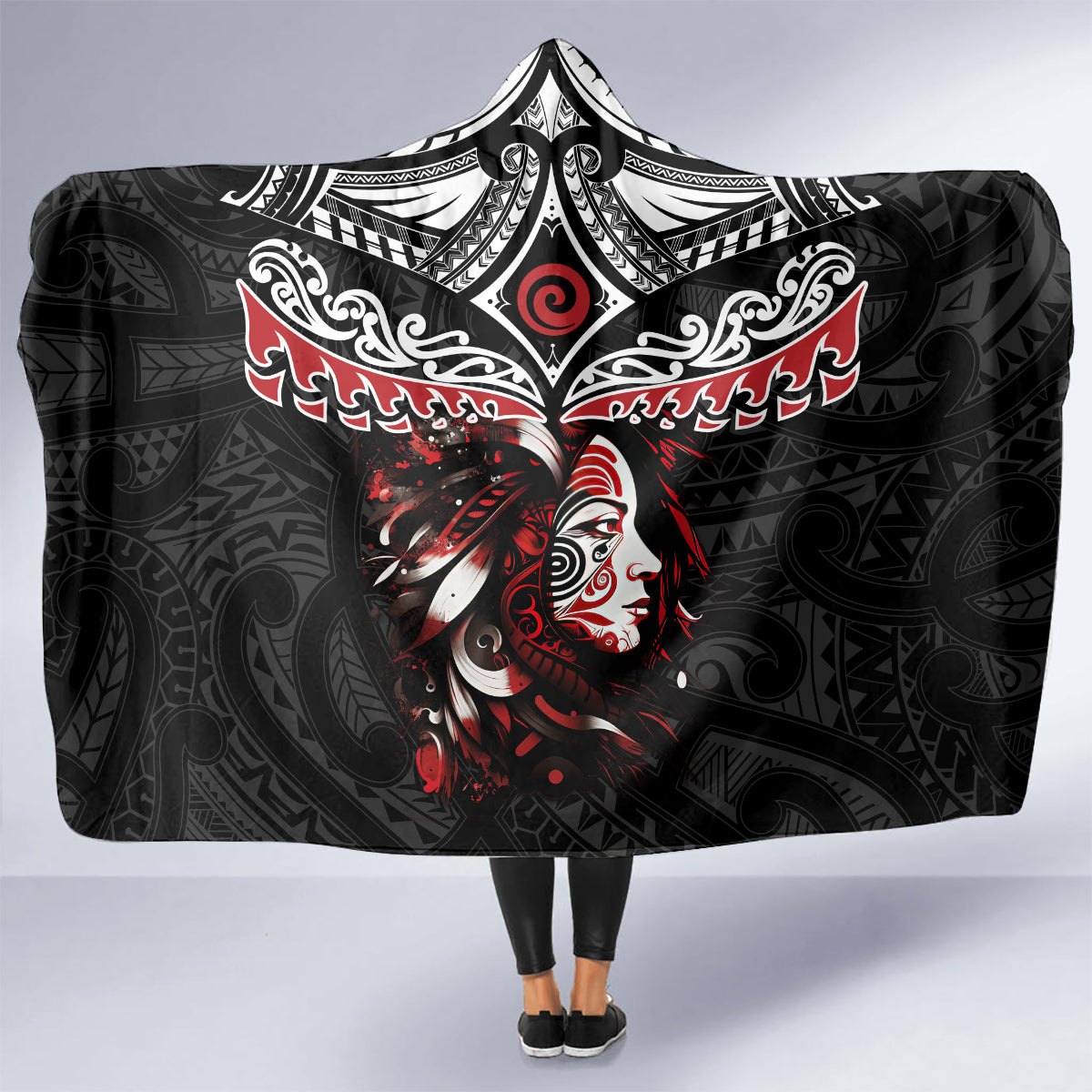 New Zealand Maori Girl Hooded Blanket Silver Fern and Koru Pattern