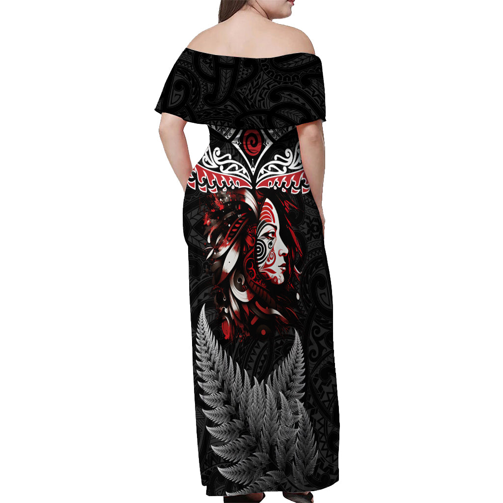 New Zealand Maori Girl Off Shoulder Maxi Dress Silver Fern and Koru Pattern LT03 - Polynesian Pride