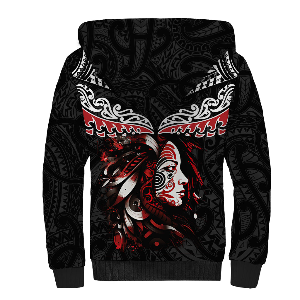 New Zealand Maori Girl Sherpa Hoodie Silver Fern and Koru Pattern LT03 - Polynesian Pride