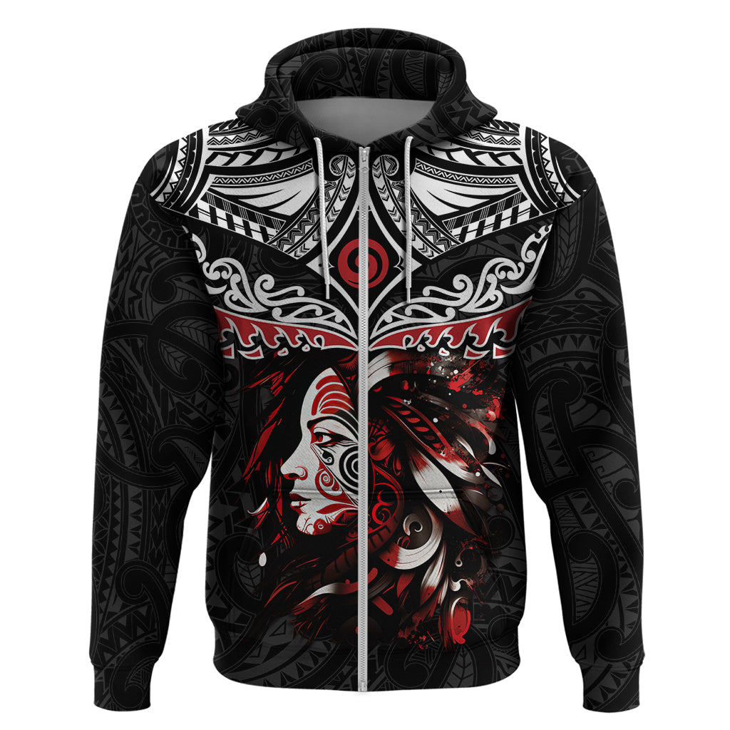 New Zealand Maori Girl Zip Hoodie Silver Fern and Koru Pattern LT03 Zip Hoodie Black - Polynesian Pride