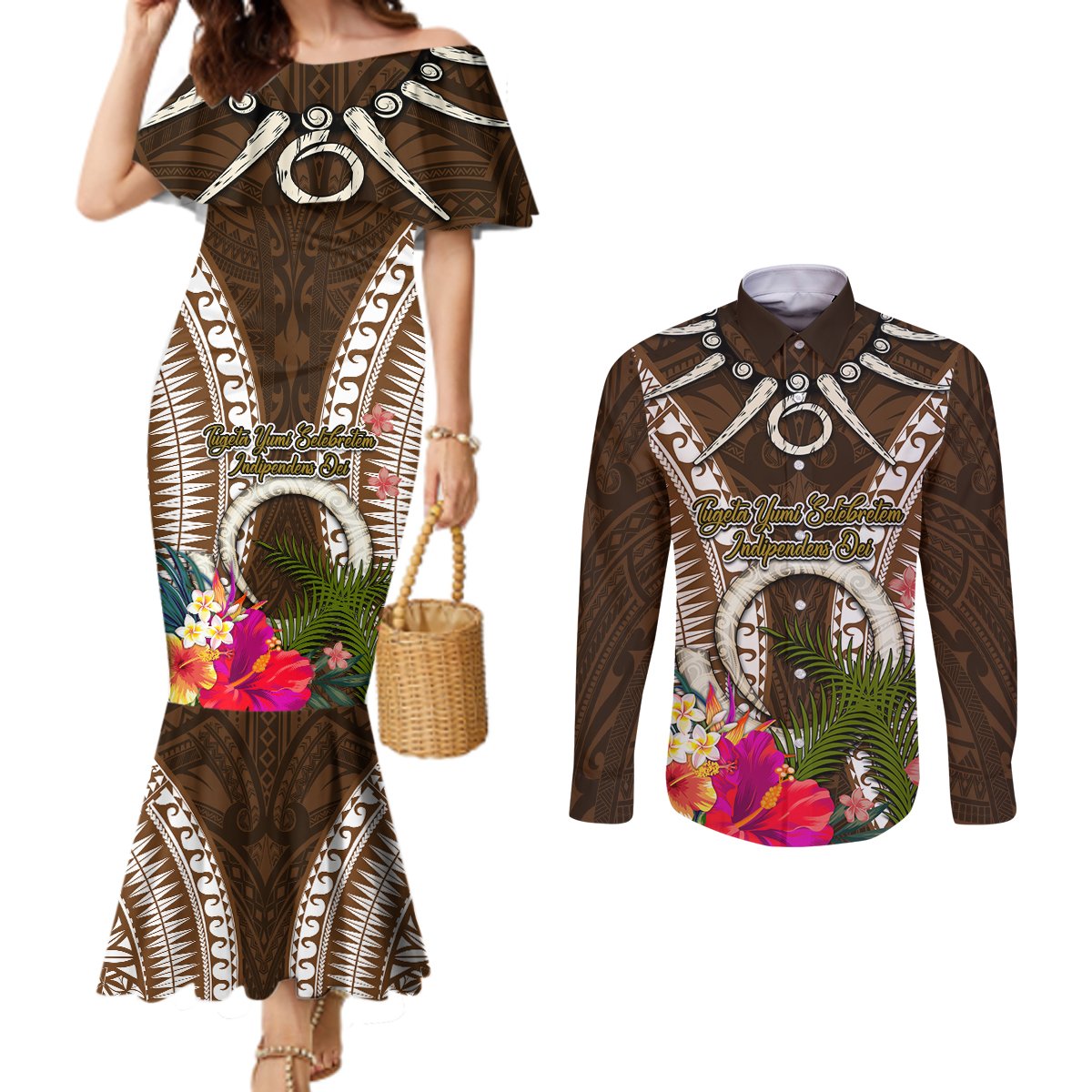 Vanuatu Selebretem 44th Indipendens Dei Couples Matching Mermaid Dress and Long Sleeve Button Shirt Yumi Pig Tusk and Namele Fern