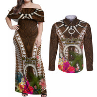 Vanuatu Selebretem 44th Indipendens Dei Couples Matching Off Shoulder Maxi Dress and Long Sleeve Button Shirt Yumi Pig Tusk and Namele Fern LT03 Brown - Polynesian Pride