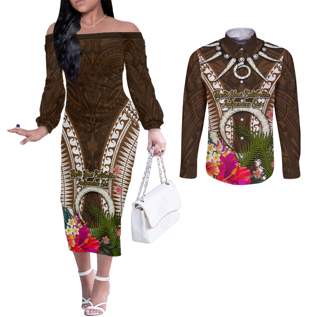 Vanuatu Selebretem 44th Indipendens Dei Couples Matching Off The Shoulder Long Sleeve Dress and Long Sleeve Button Shirt Yumi Pig Tusk and Namele Fern