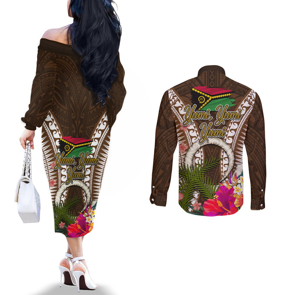 Vanuatu Selebretem 44th Indipendens Dei Couples Matching Off The Shoulder Long Sleeve Dress and Long Sleeve Button Shirt Yumi Pig Tusk and Namele Fern