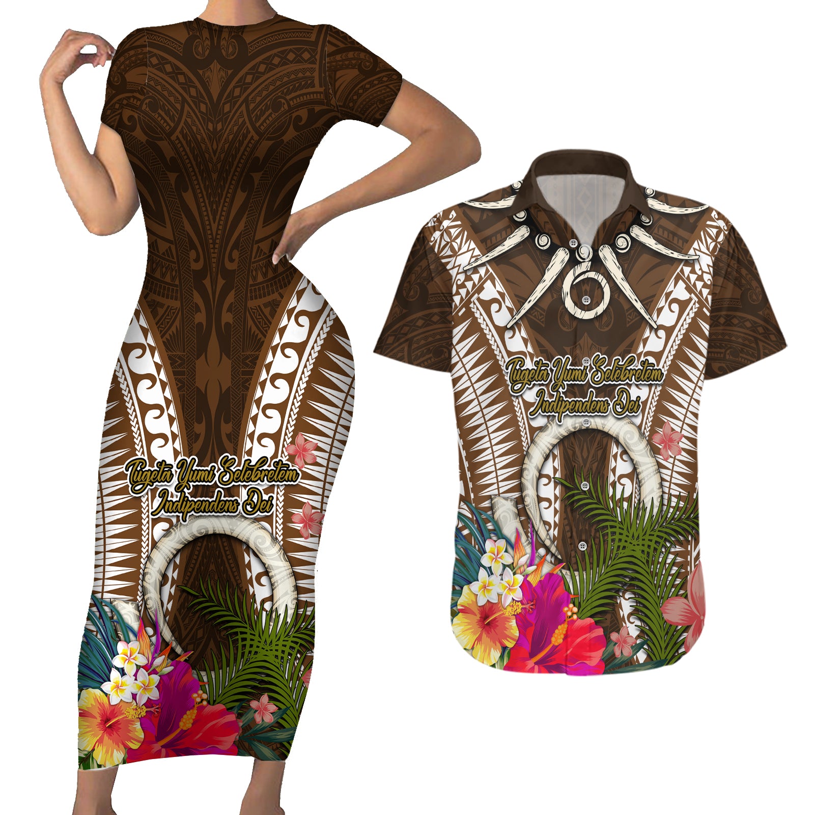 Vanuatu Selebretem 44th Indipendens Dei Couples Matching Short Sleeve Bodycon Dress and Hawaiian Shirt Yumi Pig Tusk and Namele Fern