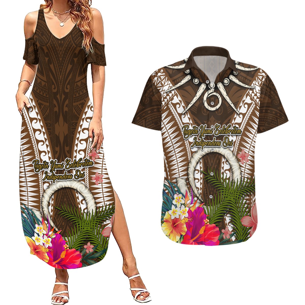 Vanuatu Selebretem 44th Indipendens Dei Couples Matching Summer Maxi Dress and Hawaiian Shirt Yumi Pig Tusk and Namele Fern