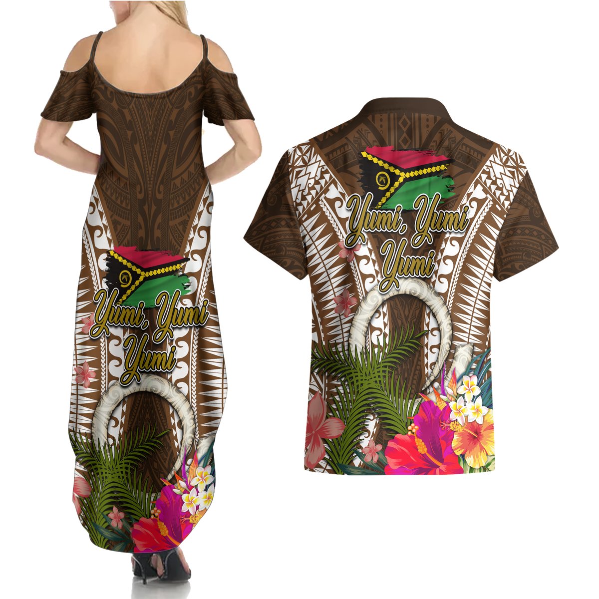 Vanuatu Selebretem 44th Indipendens Dei Couples Matching Summer Maxi Dress and Hawaiian Shirt Yumi Pig Tusk and Namele Fern