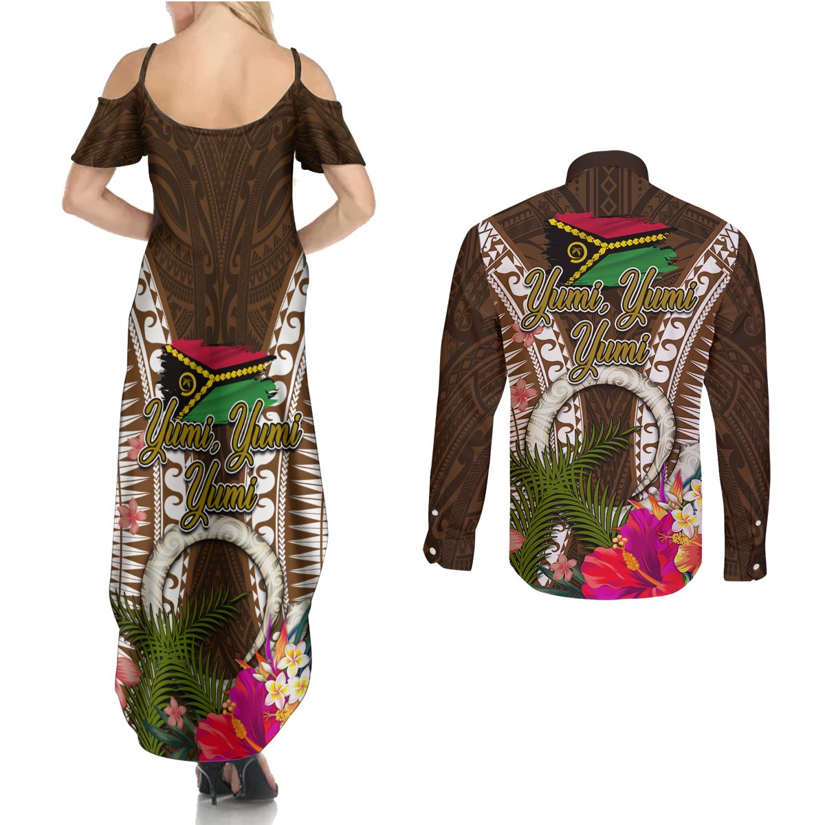 Vanuatu Selebretem 44th Indipendens Dei Couples Matching Summer Maxi Dress and Long Sleeve Button Shirt Yumi Pig Tusk and Namele Fern LT03 - Polynesian Pride
