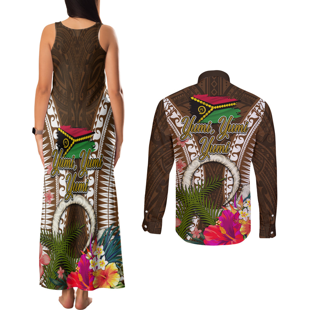 Vanuatu Selebretem 44th Indipendens Dei Couples Matching Tank Maxi Dress and Long Sleeve Button Shirt Yumi Pig Tusk and Namele Fern