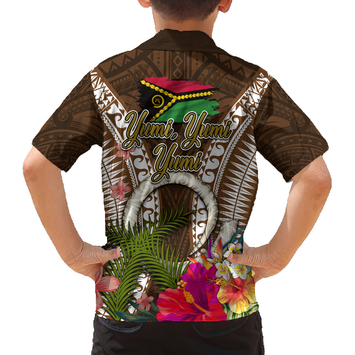 Vanuatu Selebretem 44th Indipendens Dei Family Matching Long Sleeve Bodycon Dress and Hawaiian Shirt Yumi Pig Tusk and Namele Fern