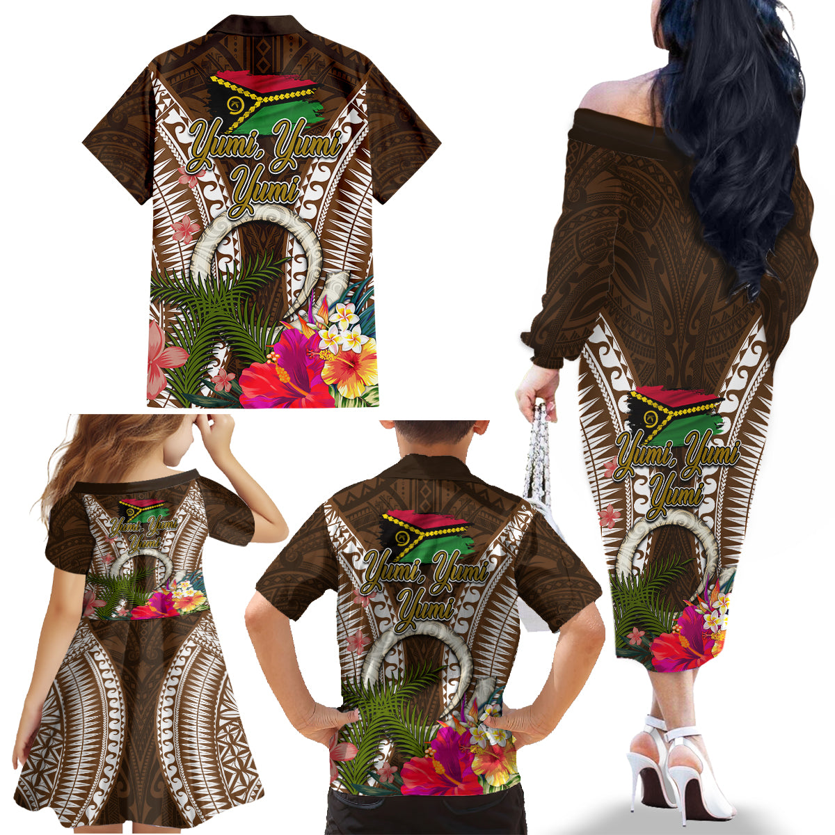 Vanuatu Selebretem 44th Indipendens Dei Family Matching Off The Shoulder Long Sleeve Dress and Hawaiian Shirt Yumi Pig Tusk and Namele Fern