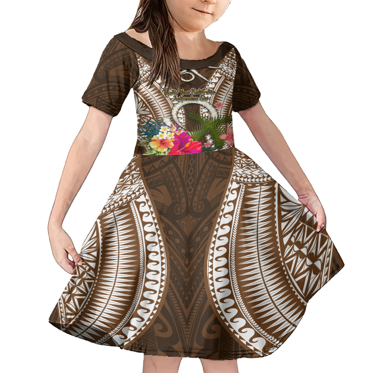 Vanuatu Selebretem 44th Indipendens Dei Family Matching Puletasi and Hawaiian Shirt Yumi Pig Tusk and Namele Fern LT03 Daughter's Dress Brown - Polynesian Pride