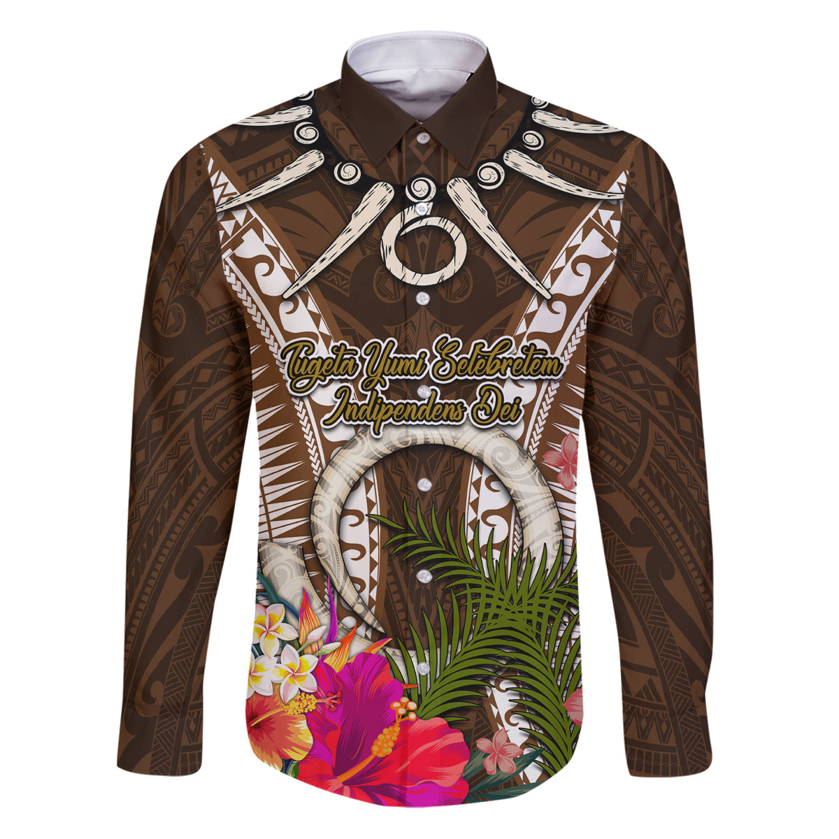 Vanuatu Selebretem 44th Indipendens Dei Family Matching Puletasi and Hawaiian Shirt Yumi Pig Tusk and Namele Fern LT03 Dad's Shirt - Long Sleeve Brown - Polynesian Pride