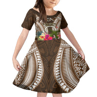 Vanuatu Selebretem 44th Indipendens Dei Family Matching Short Sleeve Bodycon Dress and Hawaiian Shirt Yumi Pig Tusk and Namele Fern LT03 Daughter's Dress Brown - Polynesian Pride