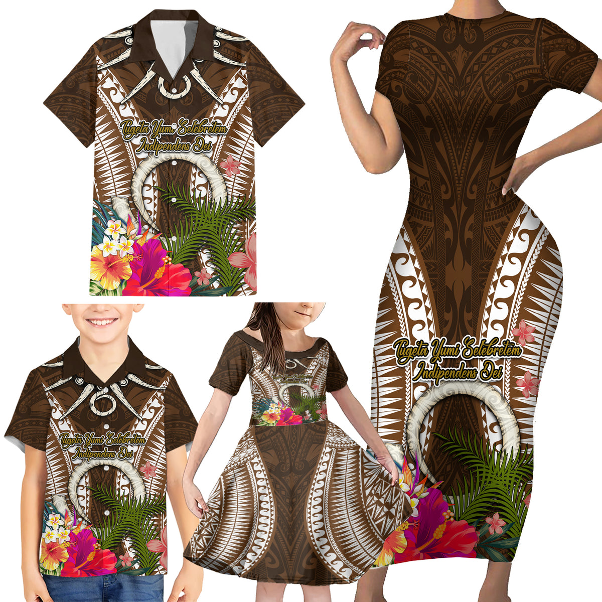 Vanuatu Selebretem 44th Indipendens Dei Family Matching Short Sleeve Bodycon Dress and Hawaiian Shirt Yumi Pig Tusk and Namele Fern LT03 - Polynesian Pride