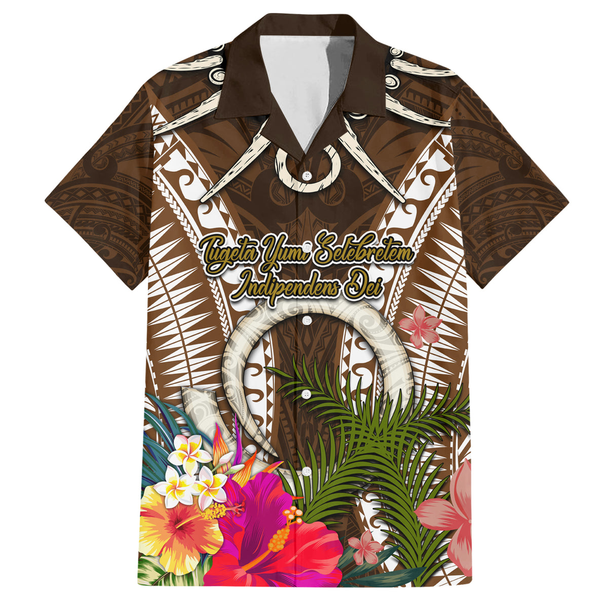 Vanuatu Selebretem 44th Indipendens Dei Family Matching Short Sleeve Bodycon Dress and Hawaiian Shirt Yumi Pig Tusk and Namele Fern LT03 Dad's Shirt - Short Sleeve Brown - Polynesian Pride