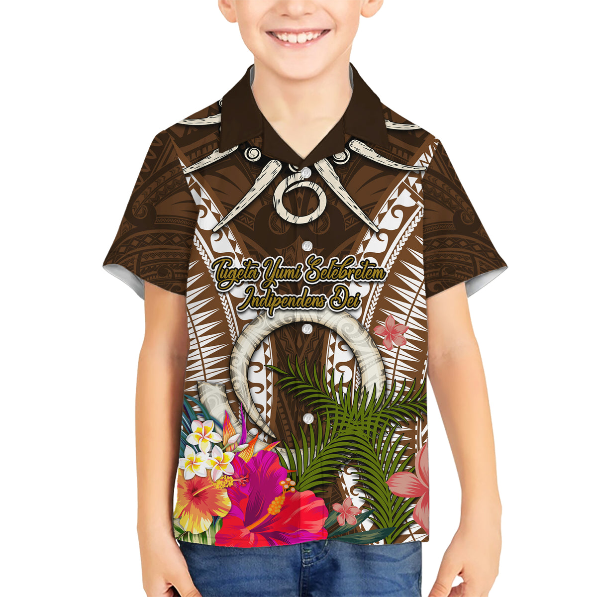 Vanuatu Selebretem 44th Indipendens Dei Family Matching Short Sleeve Bodycon Dress and Hawaiian Shirt Yumi Pig Tusk and Namele Fern LT03 Son's Shirt Brown - Polynesian Pride