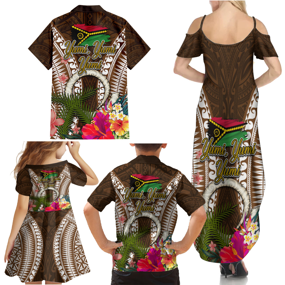 Vanuatu Selebretem 44th Indipendens Dei Family Matching Summer Maxi Dress and Hawaiian Shirt Yumi Pig Tusk and Namele Fern LT03 - Polynesian Pride