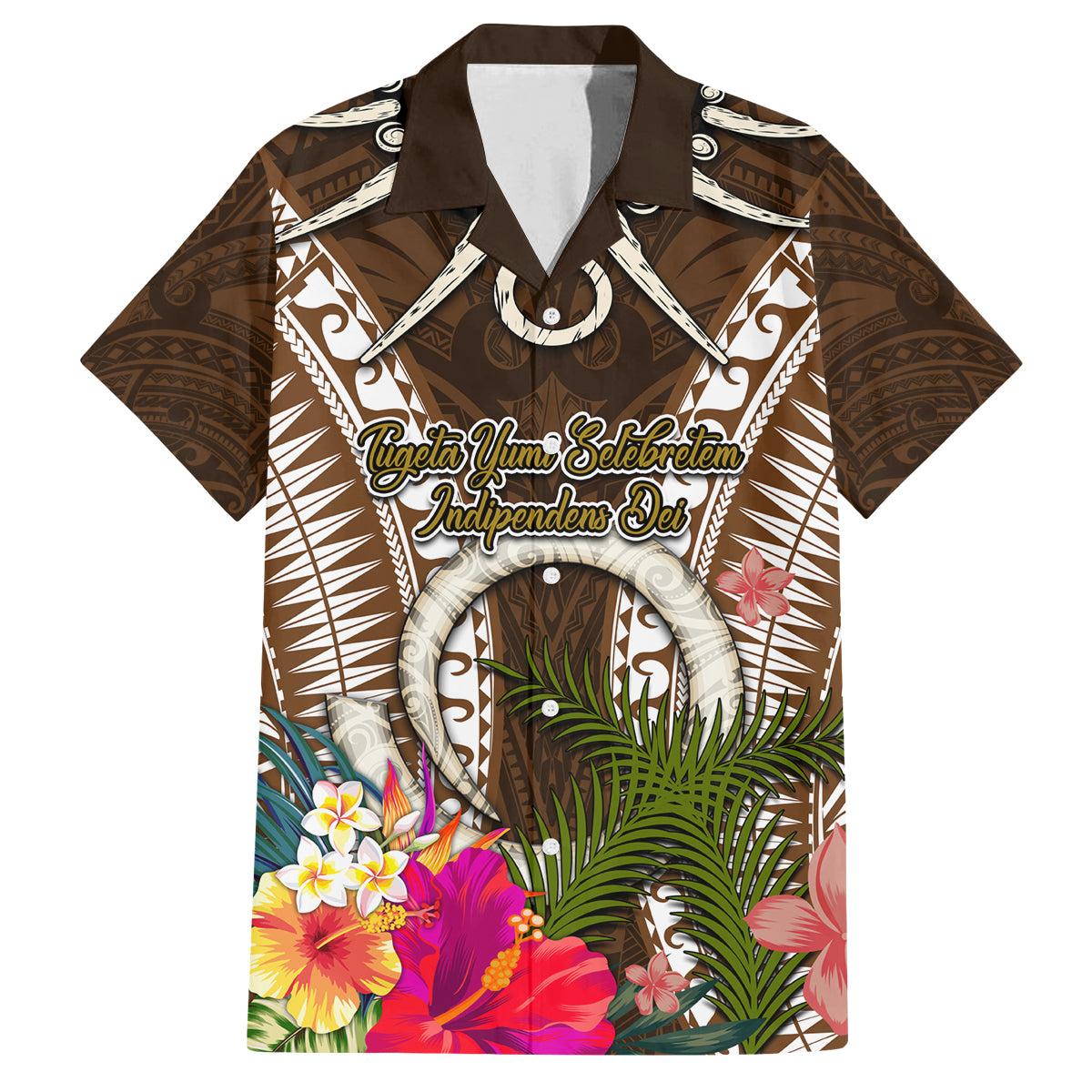 Vanuatu Selebretem 44th Indipendens Dei Family Matching Summer Maxi Dress and Hawaiian Shirt Yumi Pig Tusk and Namele Fern LT03 Dad's Shirt - Short Sleeve Brown - Polynesian Pride