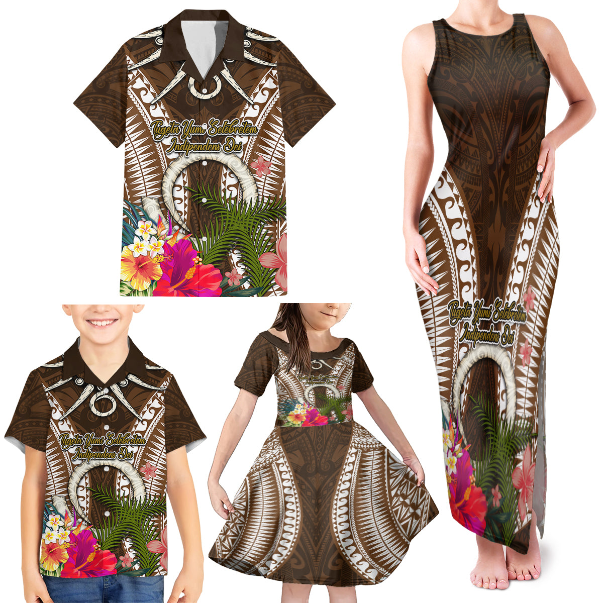 Vanuatu Selebretem 44th Indipendens Dei Family Matching Tank Maxi Dress and Hawaiian Shirt Yumi Pig Tusk and Namele Fern LT03 - Polynesian Pride
