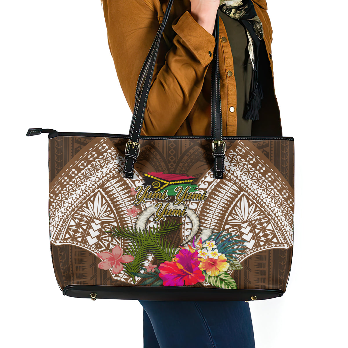 Vanuatu Selebretem 44th Indipendens Dei Leather Tote Bag Yumi Pig Tusk and Namele Fern LT03 - Polynesian Pride