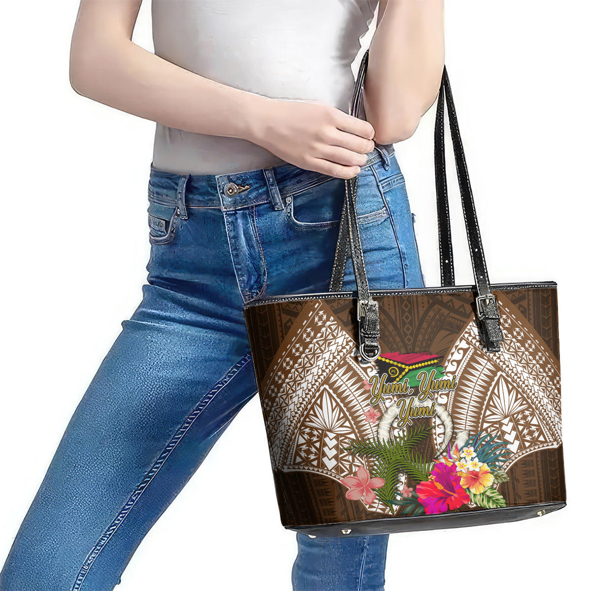 Vanuatu Selebretem 44th Indipendens Dei Leather Tote Bag Yumi Pig Tusk and Namele Fern LT03 - Polynesian Pride