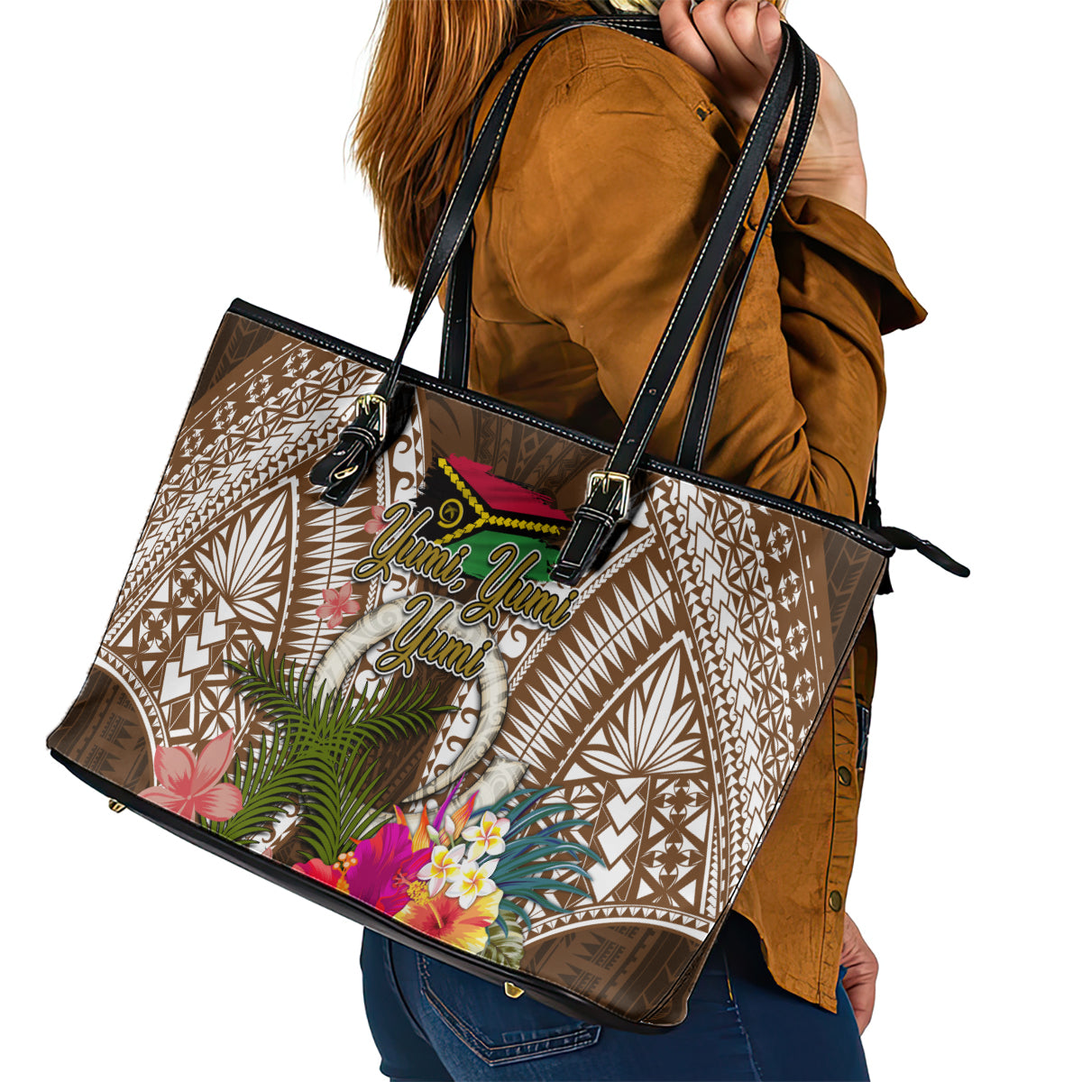 Vanuatu Selebretem 44th Indipendens Dei Leather Tote Bag Yumi Pig Tusk and Namele Fern LT03 - Polynesian Pride
