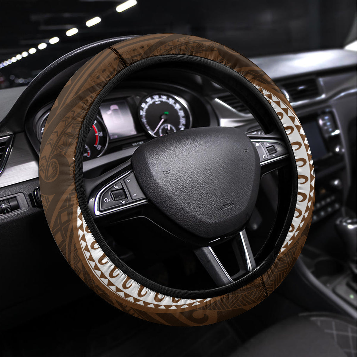 Vanuatu Selebretem 44th Indipendens Dei Steering Wheel Cover Yumi Pig Tusk and Namele Fern LT03 Universal Fit Brown - Polynesian Pride