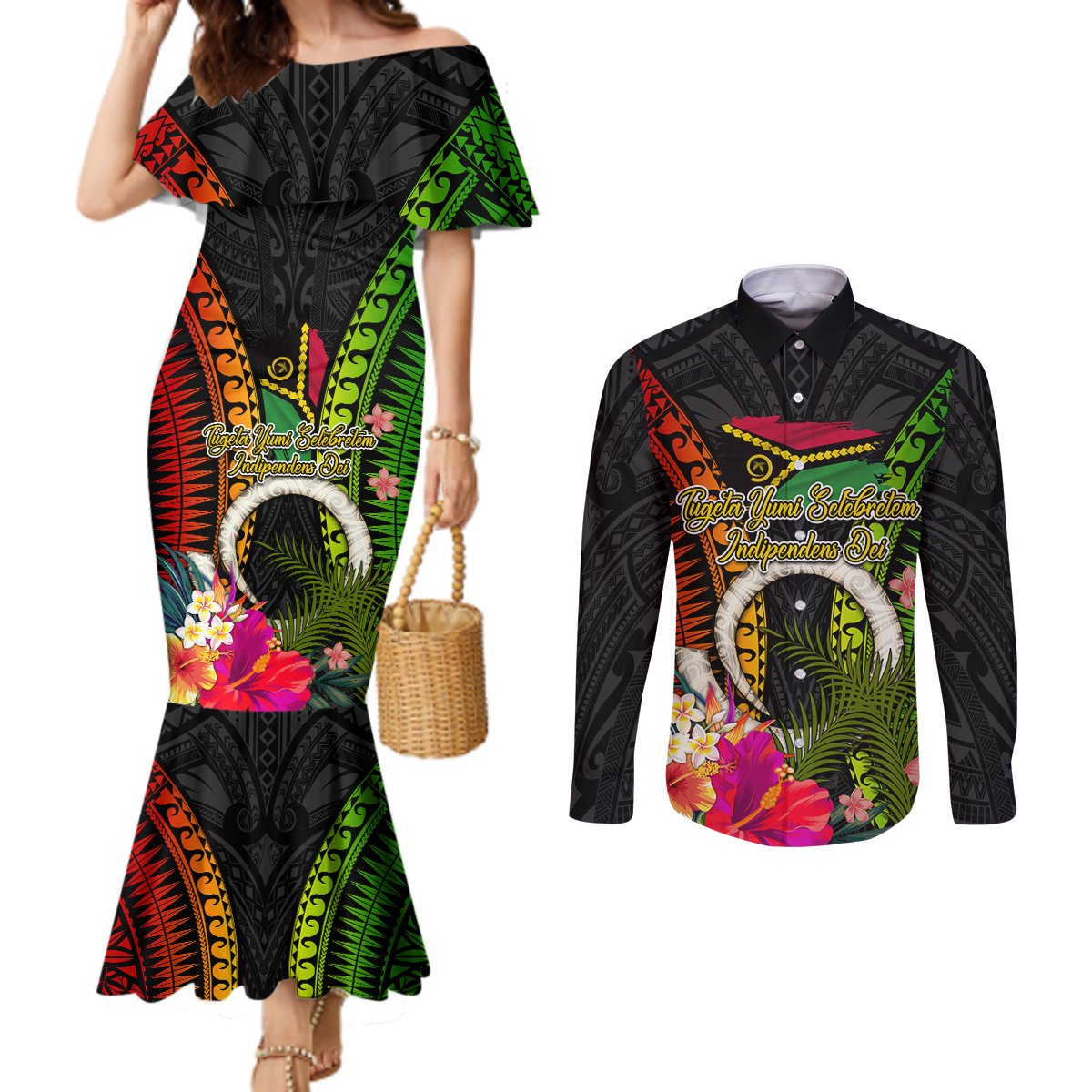 Vanuatu Independence Day Couples Matching Mermaid Dress and Long Sleeve Button Shirt Tugeta Yumi Selebretem Indipendens Dei
