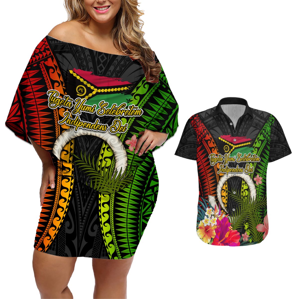 Vanuatu Independence Day Couples Matching Off Shoulder Short Dress and Hawaiian Shirt Tugeta Yumi Selebretem Indipendens Dei LT03 Black - Polynesian Pride
